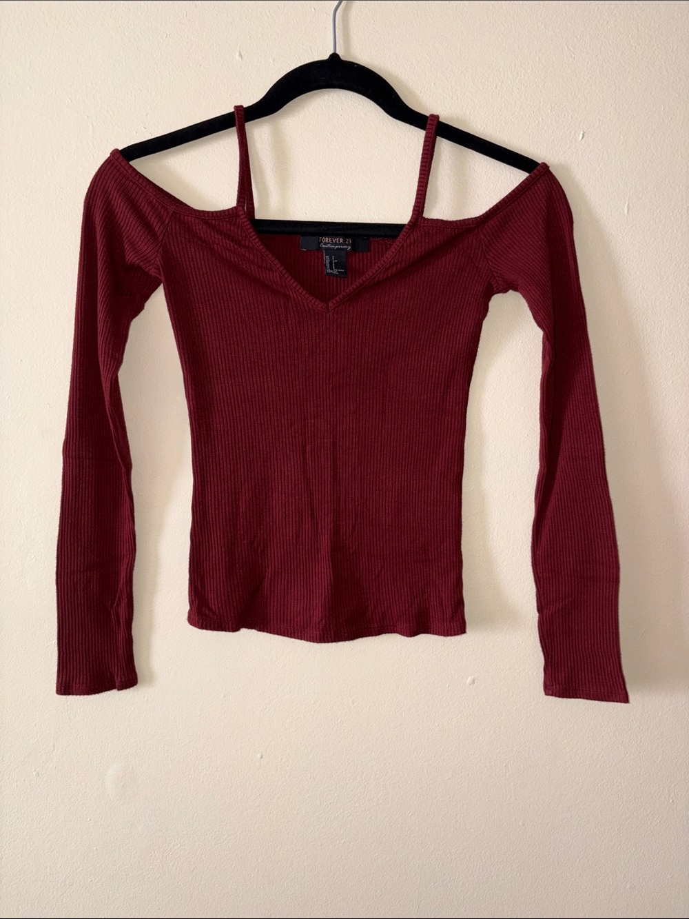 Forever 21 Wine Red Off-Shoulder Ribbed Long Sleeve Top